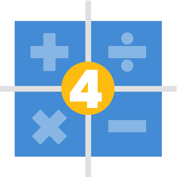 numeral four in the center of grid with four sections, displaying the mathematics operators for addition, subraction, multiplication, division