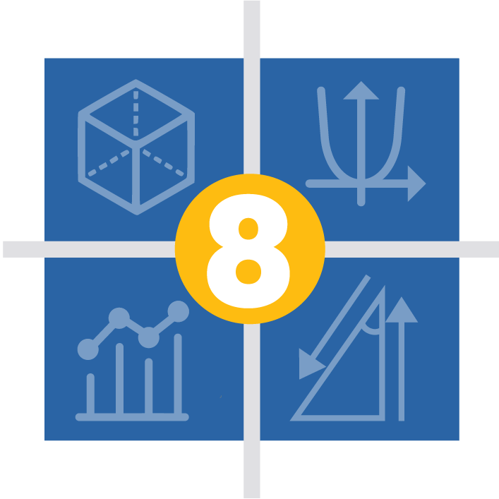 numeral eight in the center of grid with four sections, displaying icons representing number, algebra, geometry, data and probability content domains